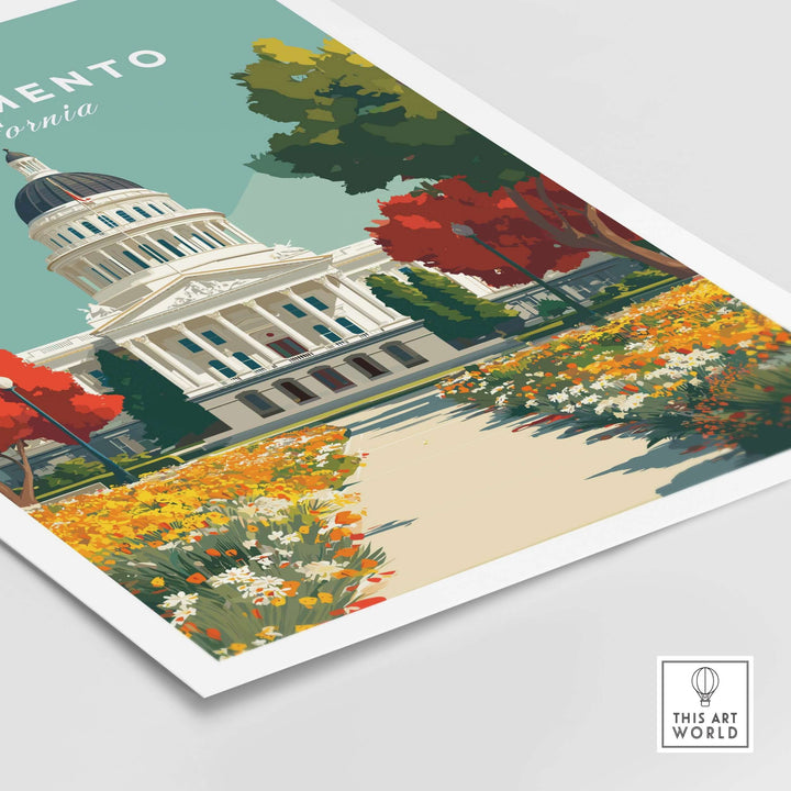 Sacramento State Capitol Building print showcasing iconic architecture and vibrant flowers, perfect for California wall art.