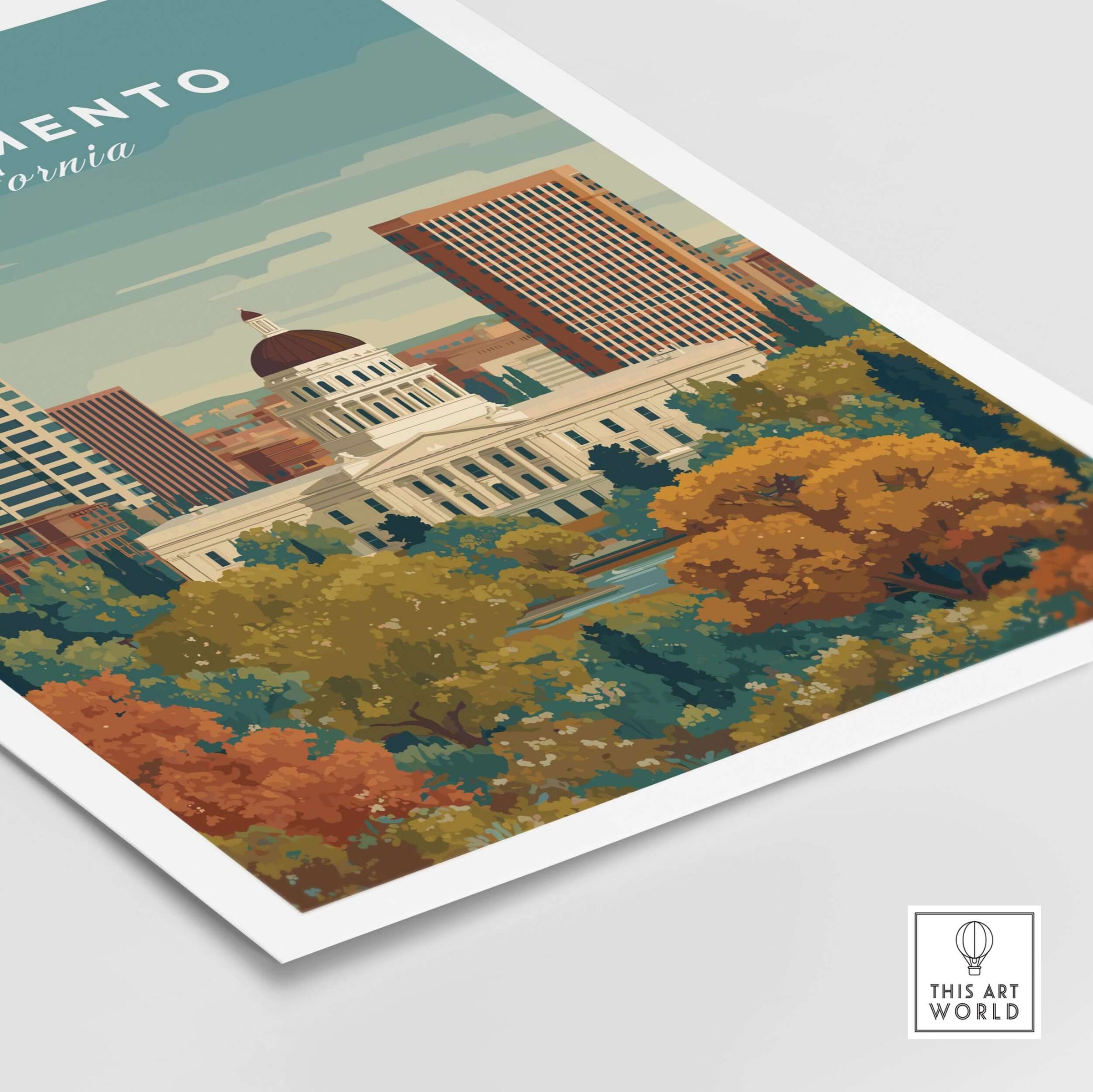 Sacramento California Skyline & Capitol Print - Urban Landscape Wall Art showcasing the city's iconic skyline and Capitol.