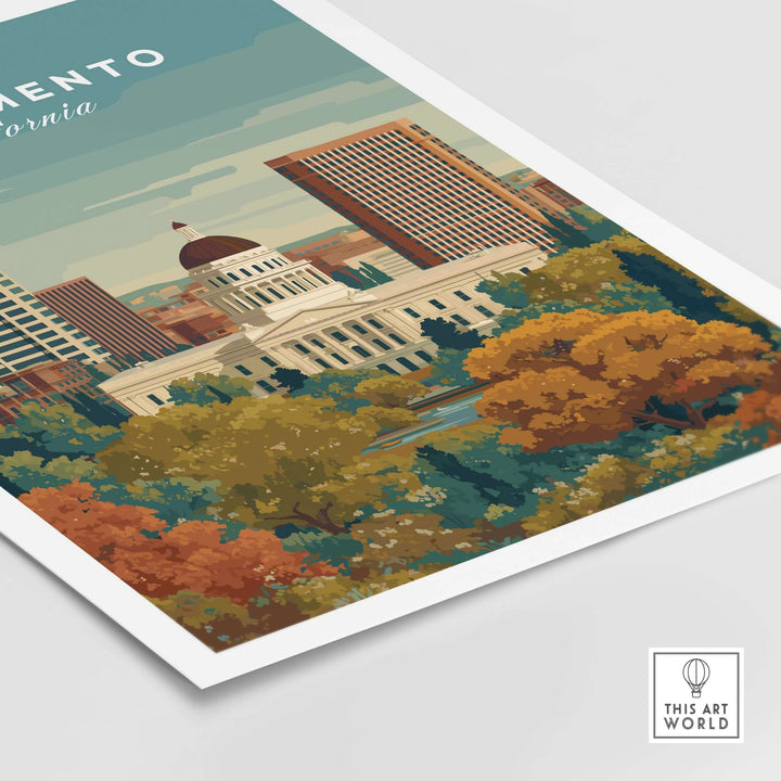 Sacramento skyline print showcasing the Capitol building and autumn trees, vibrant urban landscape wall art.