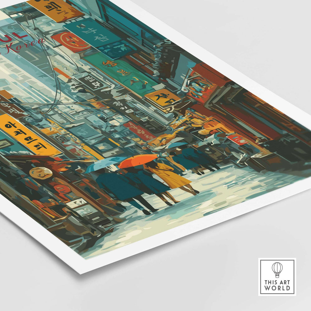 Seoul street scene print with vibrant colors showcasing urban life and architecture in South Korea.
