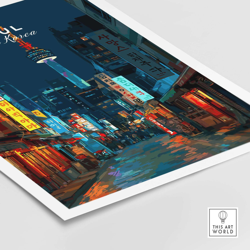 Colorful Seoul poster featuring N Seoul Tower and vibrant city street signs at night.