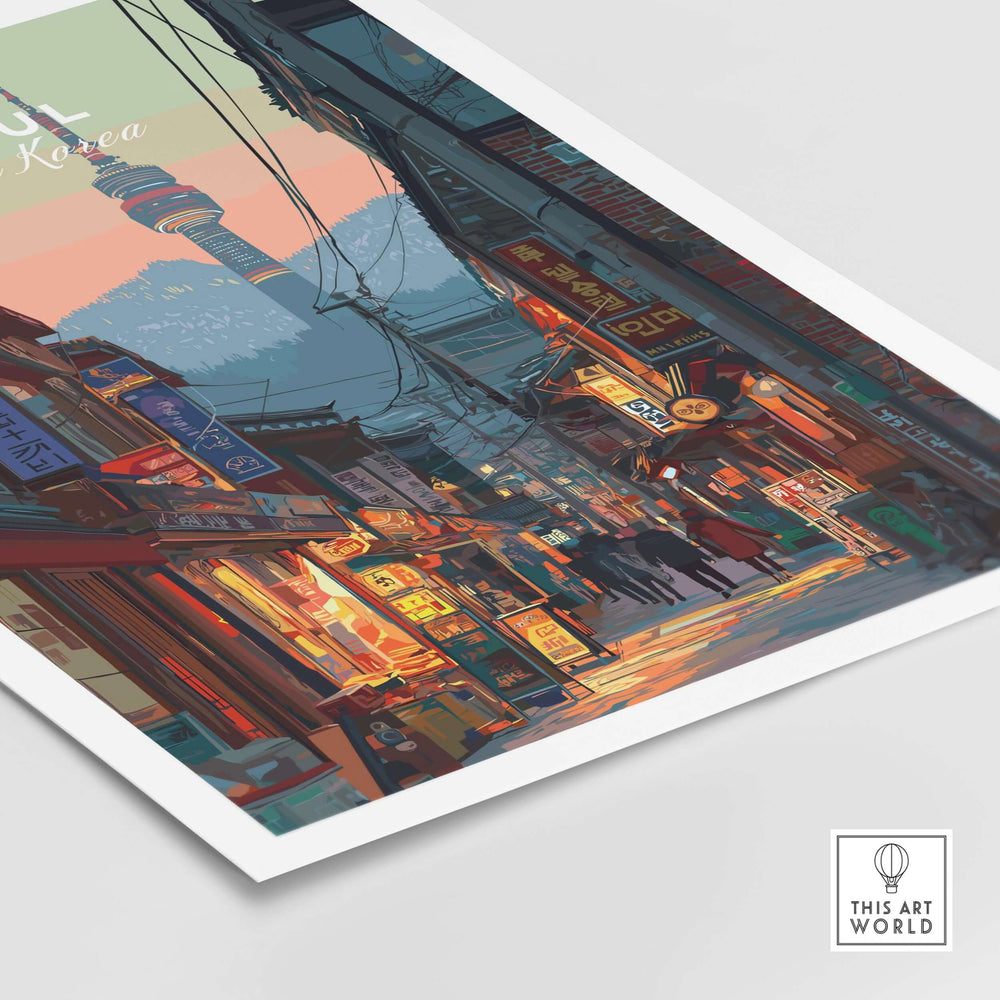 N Seoul traditional street print showcasing vibrant colors and urban life in Seoul, South Korea.