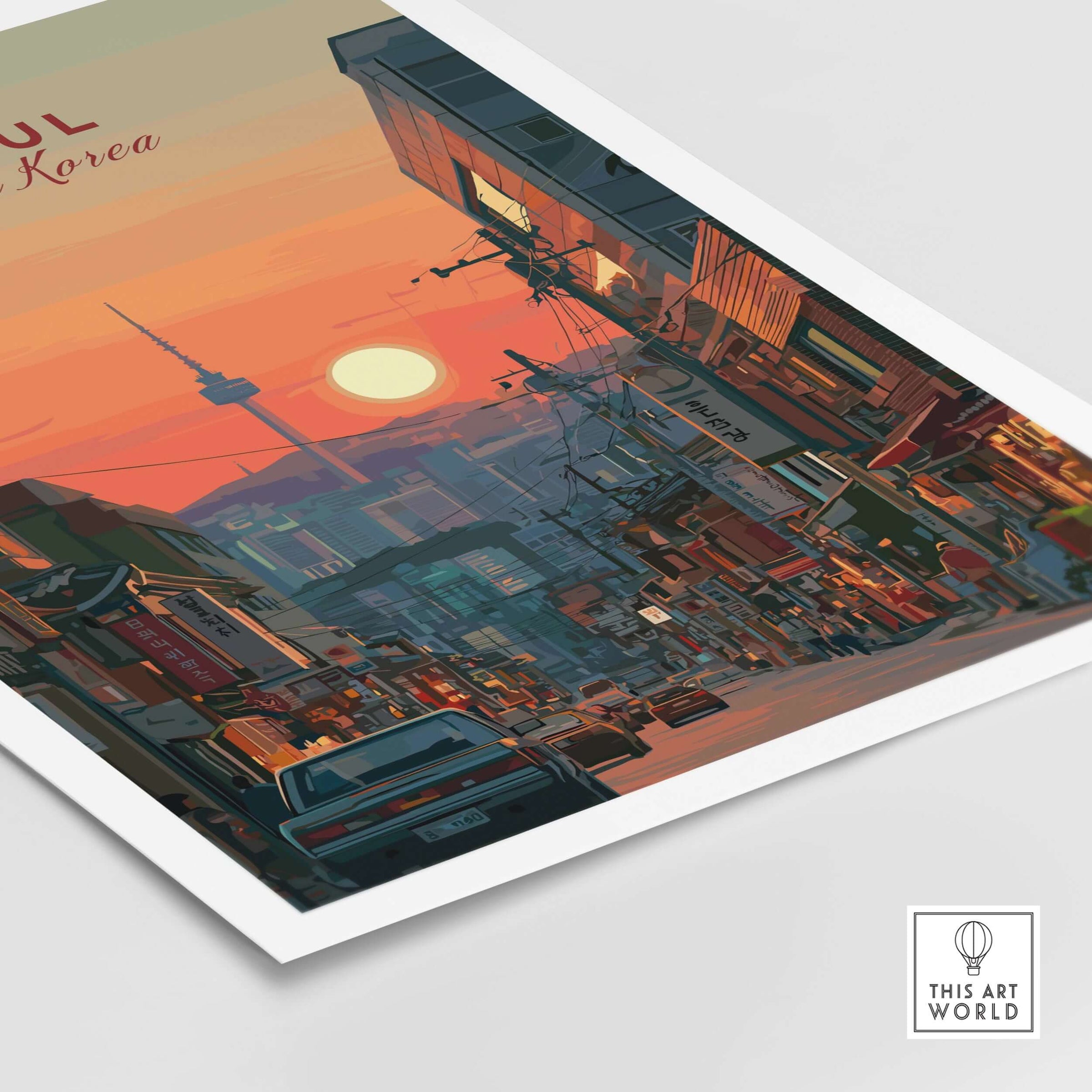 Seoul South Korea City Sunset Print - N Seoul Tower Skyline Poster showcasing a cityscape at dusk with vibrant colors.