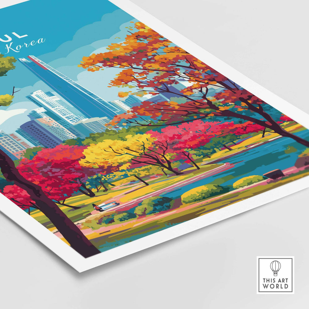 Vibrant Lotte World Tower Park print showcasing Seoul's skyline amidst colorful autumn foliage.