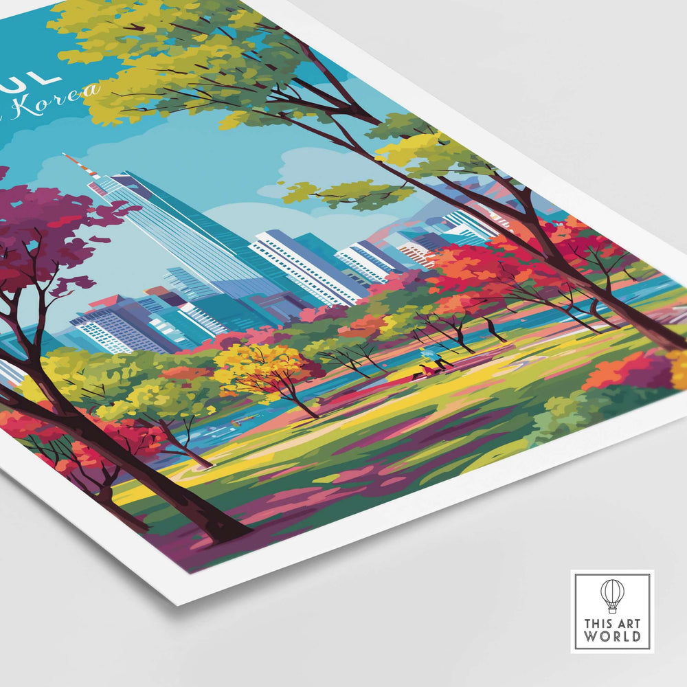 Seoul South Korea vibrant cityscape poster showcasing colorful skyline and lively autumn park.