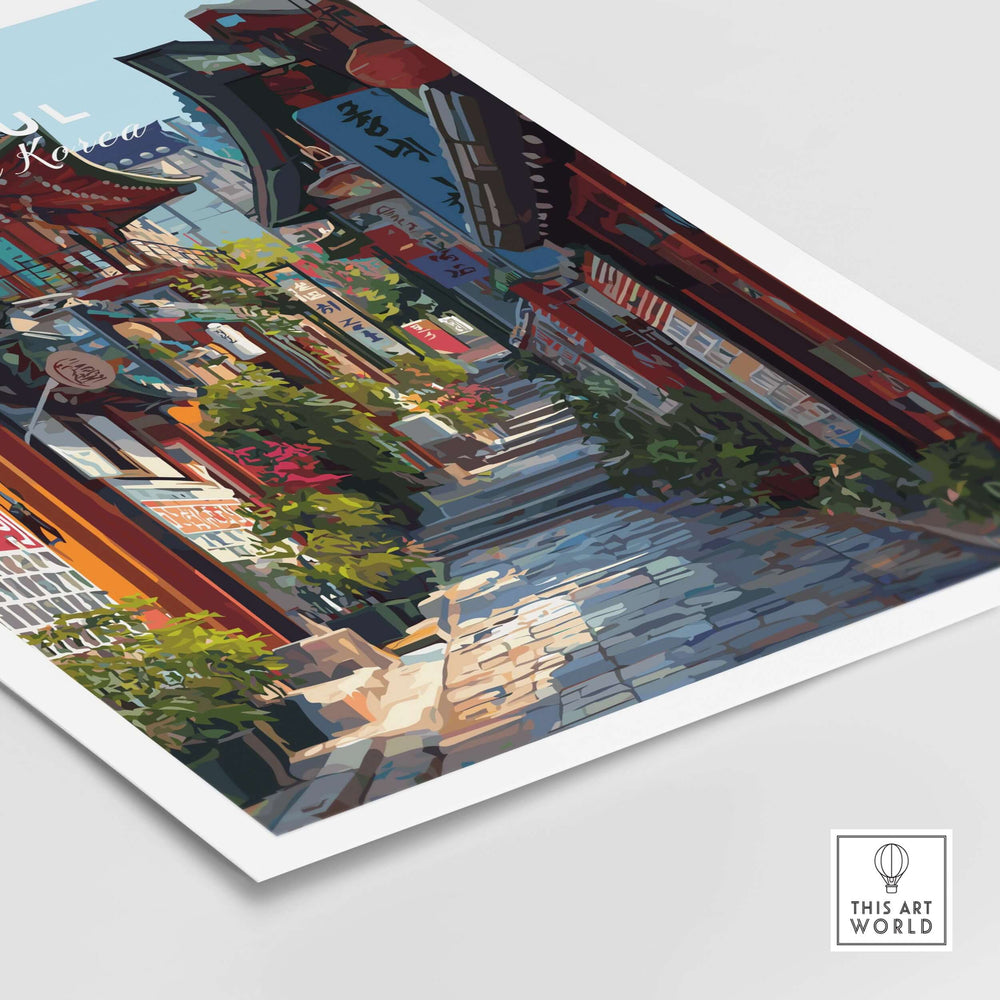 Historic street view print of Seoul, South Korea, showcasing traditional architecture and vibrant colors.