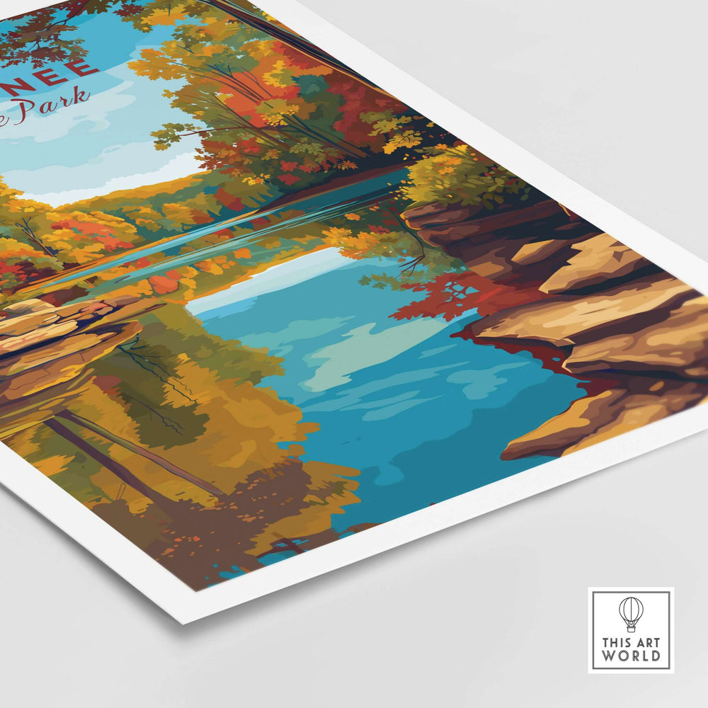 Shawnee State Park Ohio autumn lake print showcasing vibrant fall foliage reflected in serene waters.