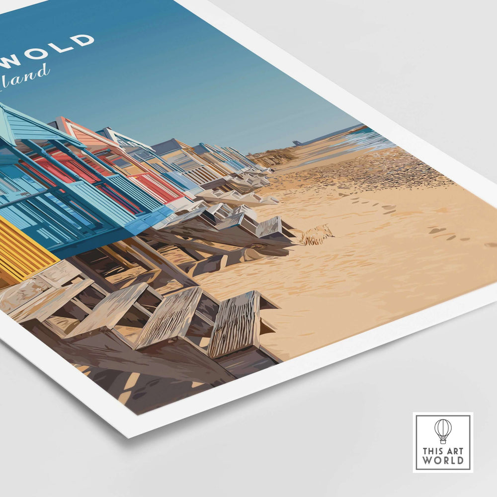 Southwold Print England showcasing colorful beach huts on a sandy shore, reflecting the charming coastal atmosphere.