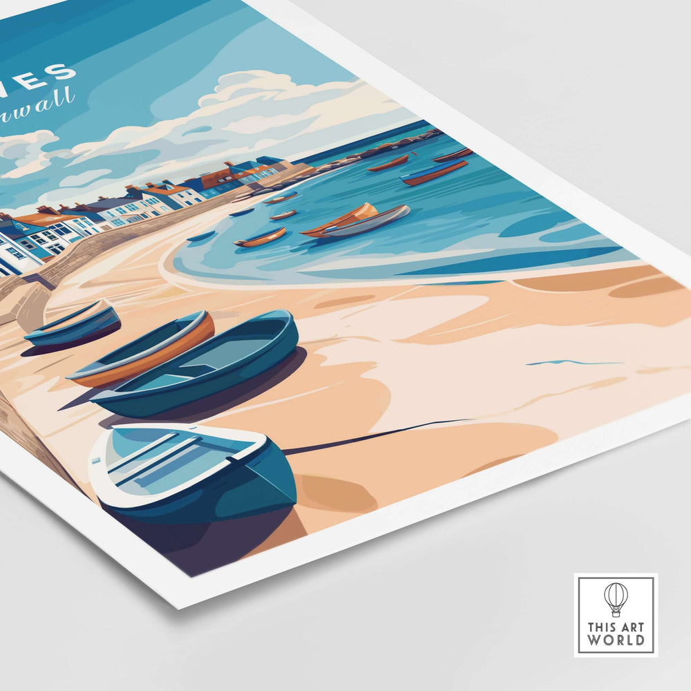 St Ives Beach Boats Seascape Poster showcasing boats on Cornish shore, perfect for coastal decor.