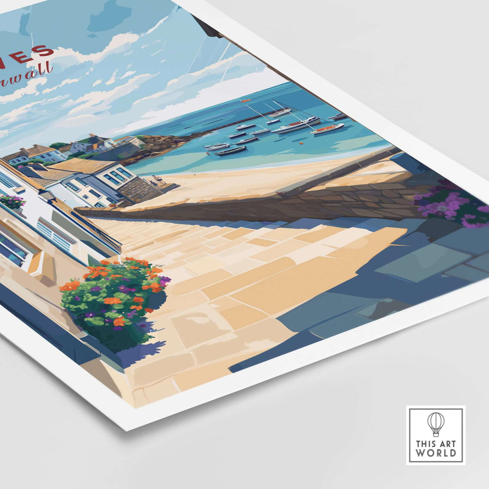 St Ives Cornwall beach poster featuring stone steps and boats, capturing seaside village charm and coastal elegance.