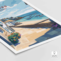 St Ives Cornwall Stone Steps to Beach Poster - Seaside Village Print featuring scenic coastal view and vibrant flowers.
