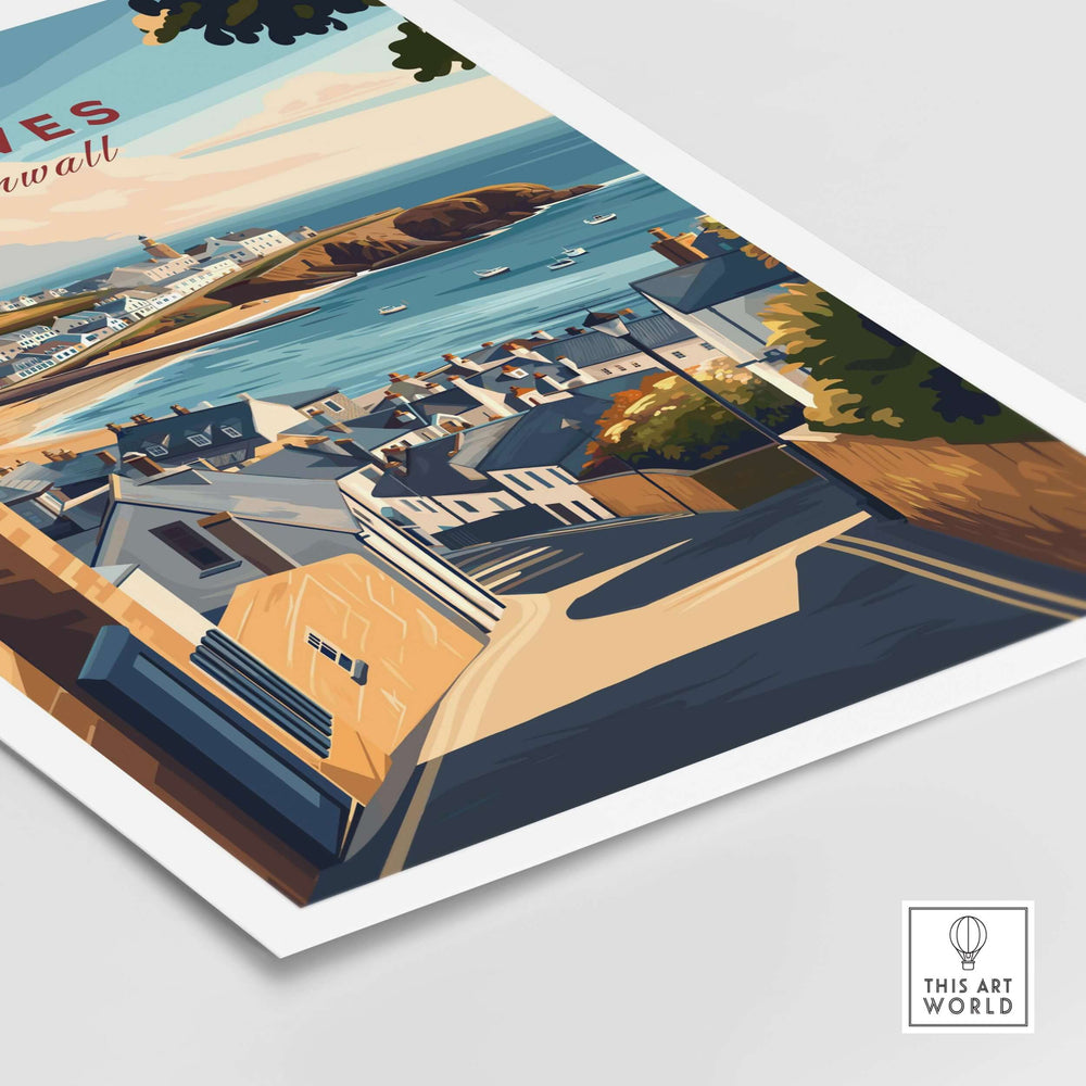 St Ives Across the Rooftops print showcasing a picturesque Cornish town and serene coastal view.