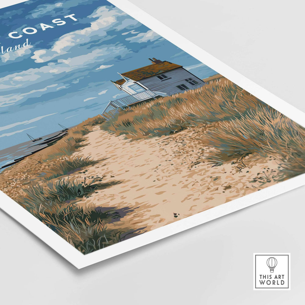 Suffolk Coast beach house print showcasing a coastal pathway and serene sky, perfect for seaside decor.