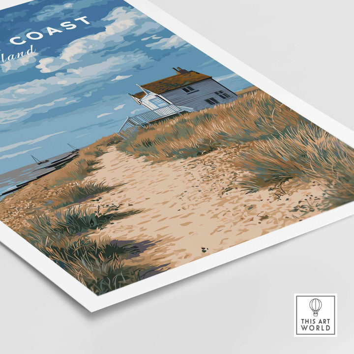 Suffolk Coast beach house print showcasing a coastal pathway and serene sky, perfect for seaside decor.