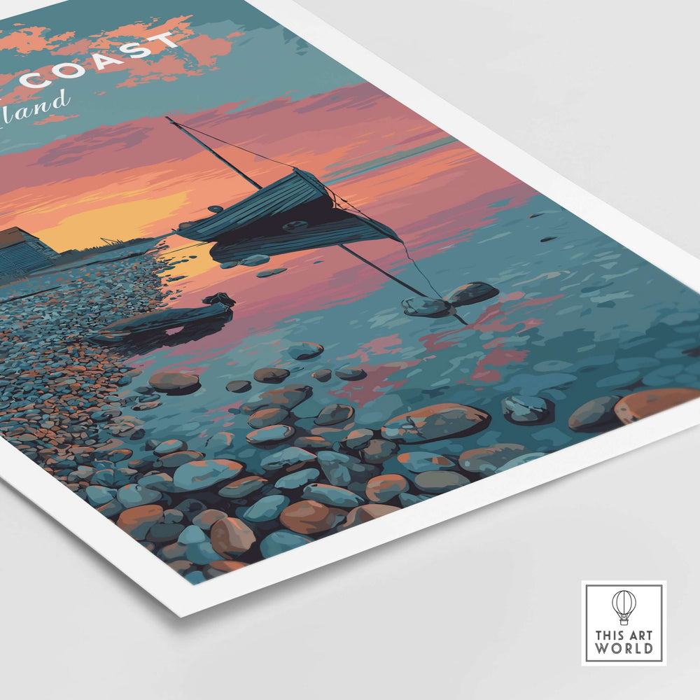 Suffolk Coast print featuring sunset over pebble beach and boat, ideal wall art for coastal decor.