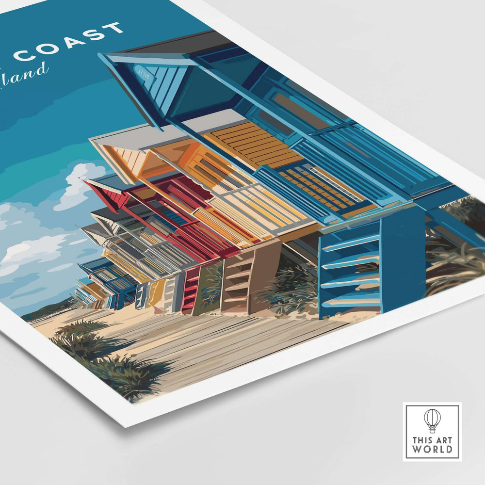 Colorful beach huts on the Suffolk Coast, vibrant seaside wall art capturing coastal charm.
