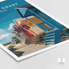Suffolk Coast England Colorful Beach Huts Print - Vibrant Seaside Wall Art featuring colorful beach huts lined up.