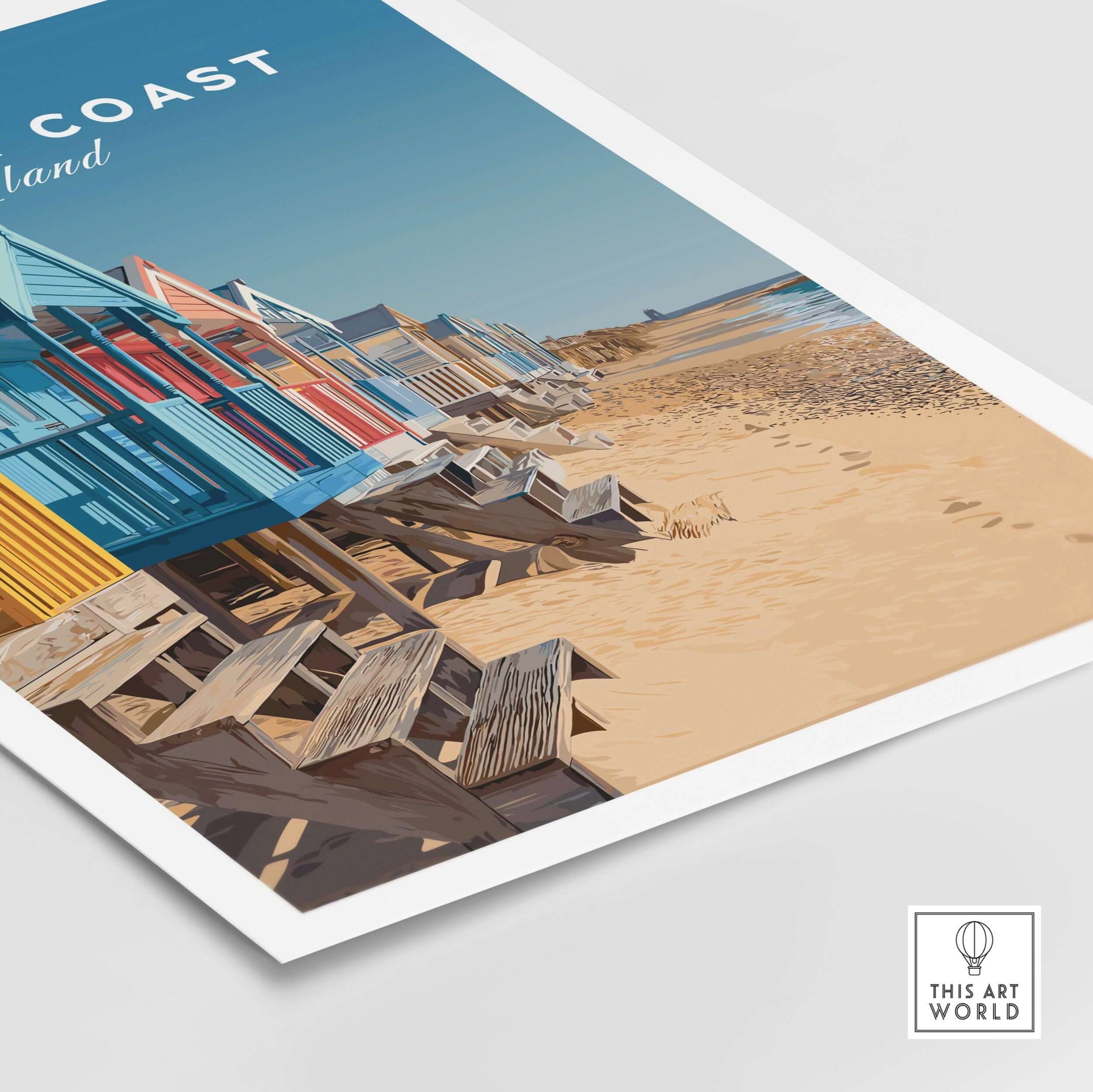 Suffolk Coast England Southwold Beach Huts Poster - Sandy Shoreline Print featuring colorful beach huts on a sandy beach.