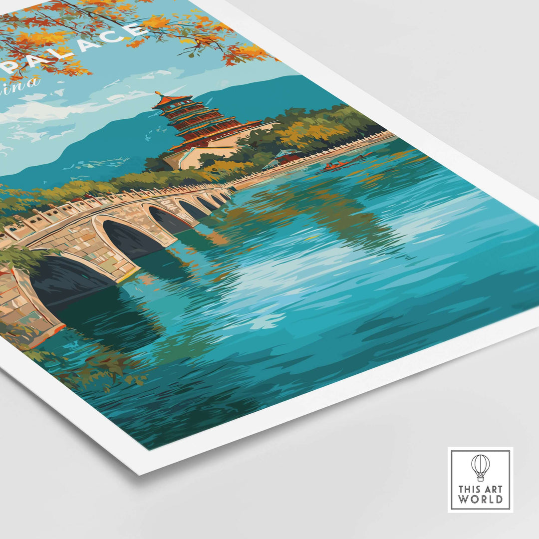 Summer Palace China Seventeen-Arch Bridge Print featuring vibrant colors and scenic reflections on Kunming Lake.