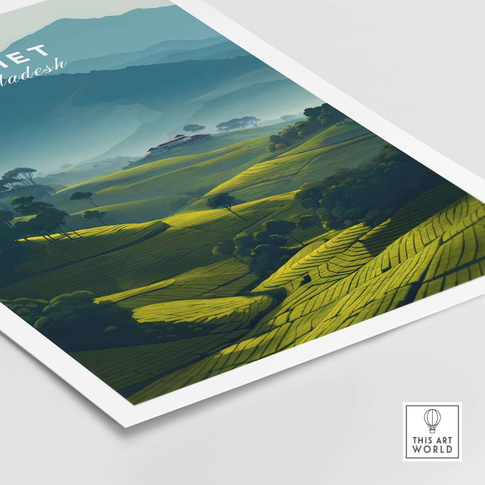 Sylhet Bangladesh poster featuring lush tea plantations and misty mountains, perfect for nature lovers.