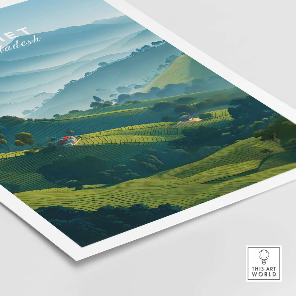 Serene hillside landscape print of Sylhet Bangladesh tea fields with rolling green plantations.