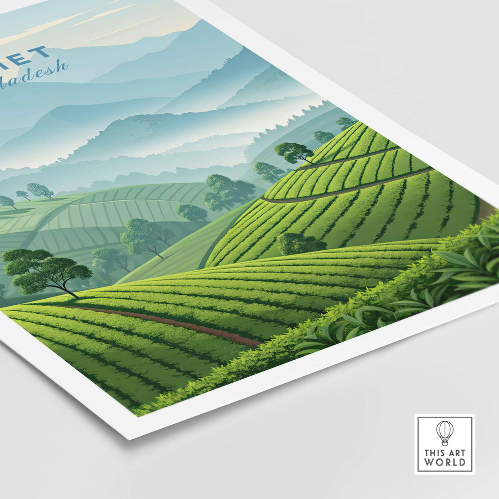 Panoramic wall art of Sylhet, Bangladesh, showcasing lush green tea estates and mountains in a serene landscape.