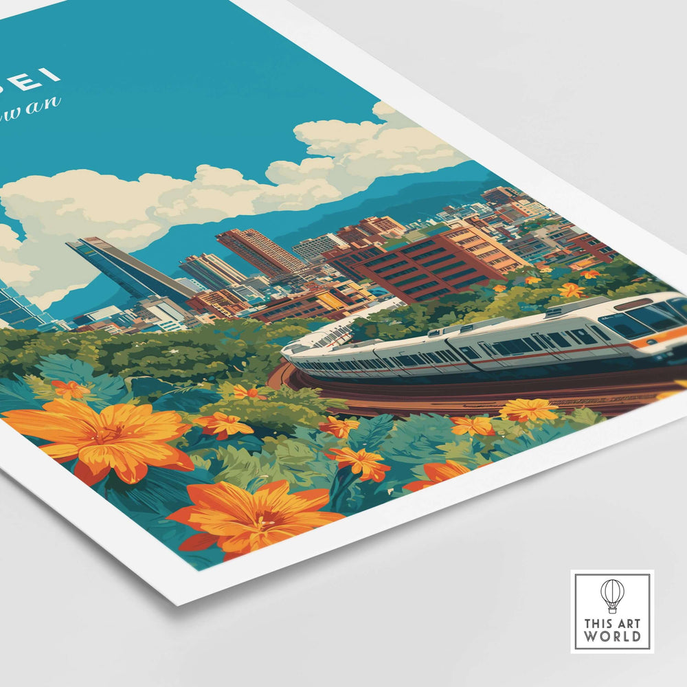 Taipei city skyline print featuring vibrant flowers and an MRT train, perfect urban landscape wall art.