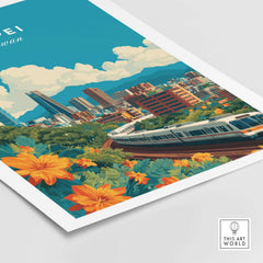 Taipei Print Taiwan City Skyline MRT Train Poster - Urban Landscape Wall Art showcases colorful flowers and modern transit.