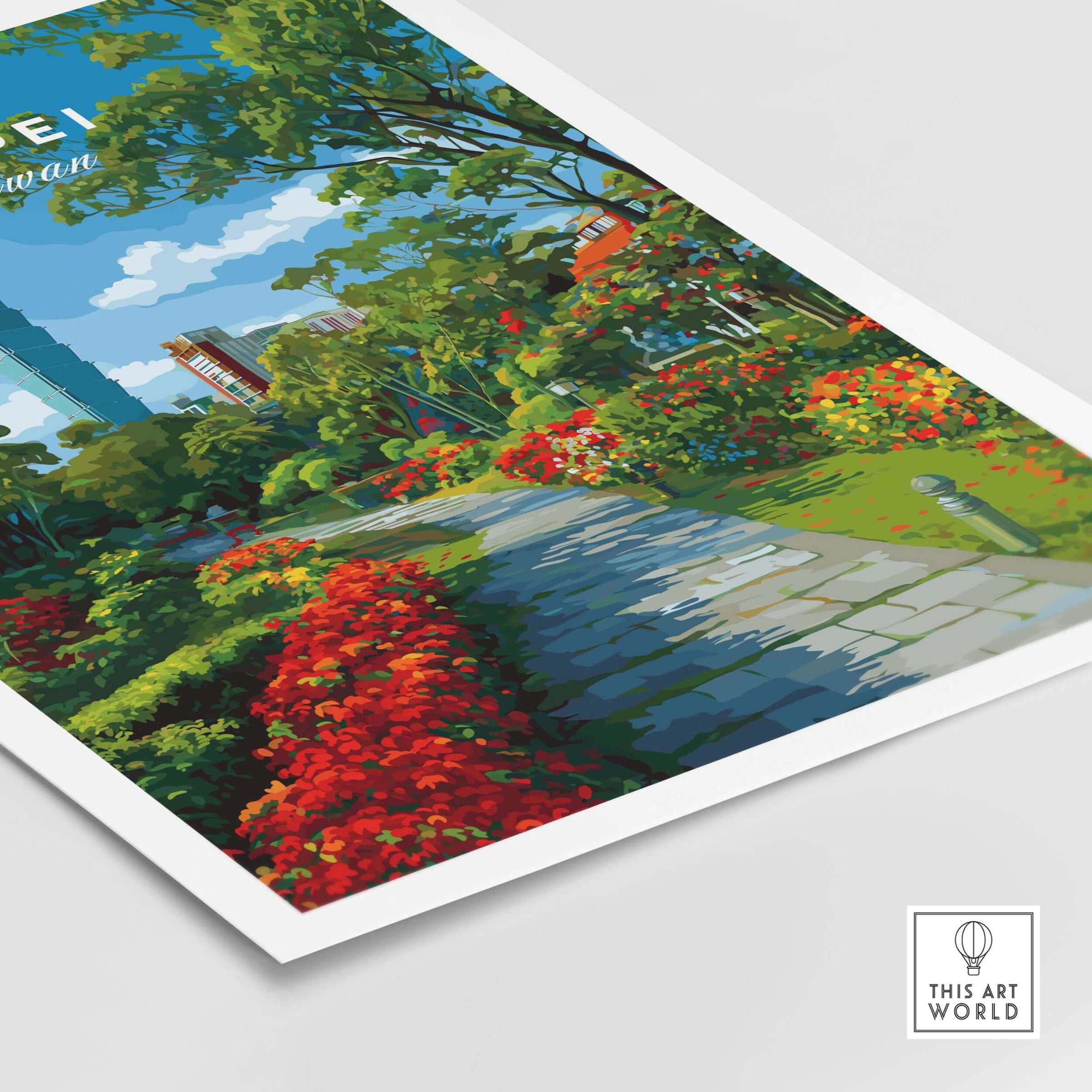 Taipei Poster Taiwan - Botanical Garden Pathway Print - City Park Wall Art showcasing vibrant flowers and lush greenery.