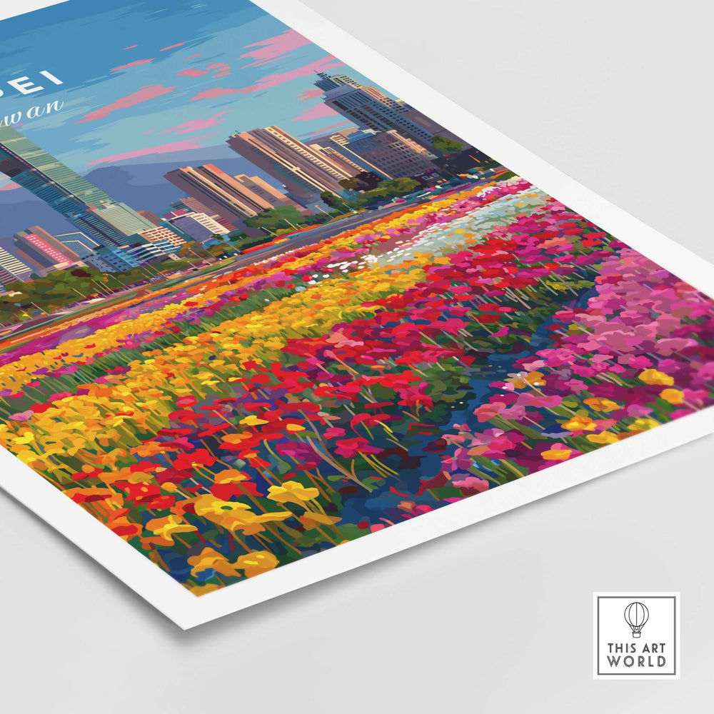 Colorful floral field with Taipei 101 skyline in the background, vibrant cityscape wall art print.