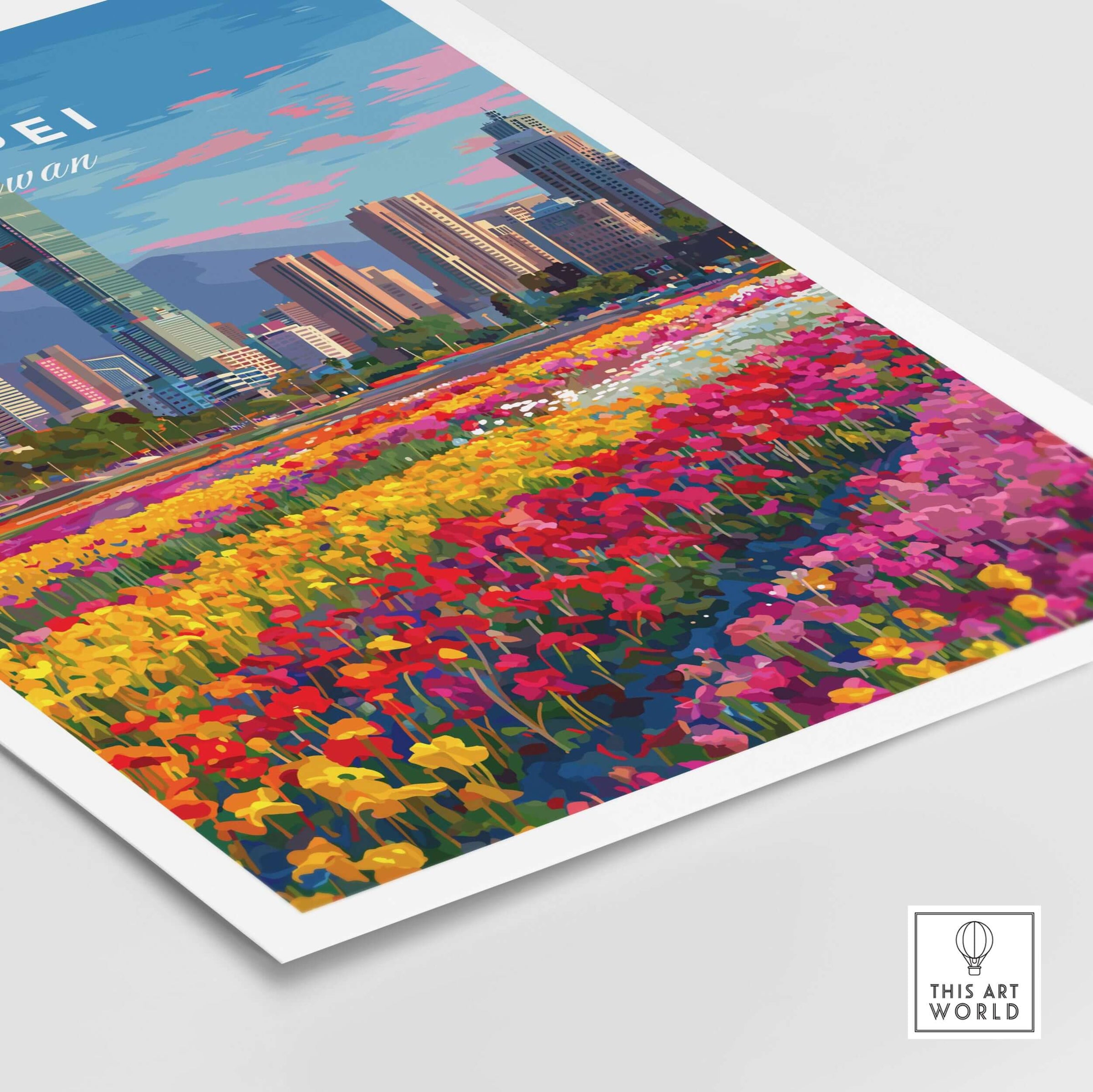 Taipei Taiwan Cityscape Print - Taipei 101 Skyline Wall Art featuring vibrant floral foreground and urban skyline.