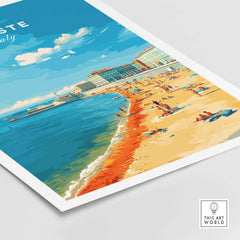 Trieste Italy Print - Adriatic Coast Wall Art featuring a vibrant beach scene with sunbathers and crystal blue water.