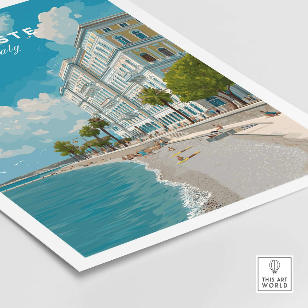Trieste Italy poster showcasing a vibrant beach scene with clear blue water and scenic architecture.