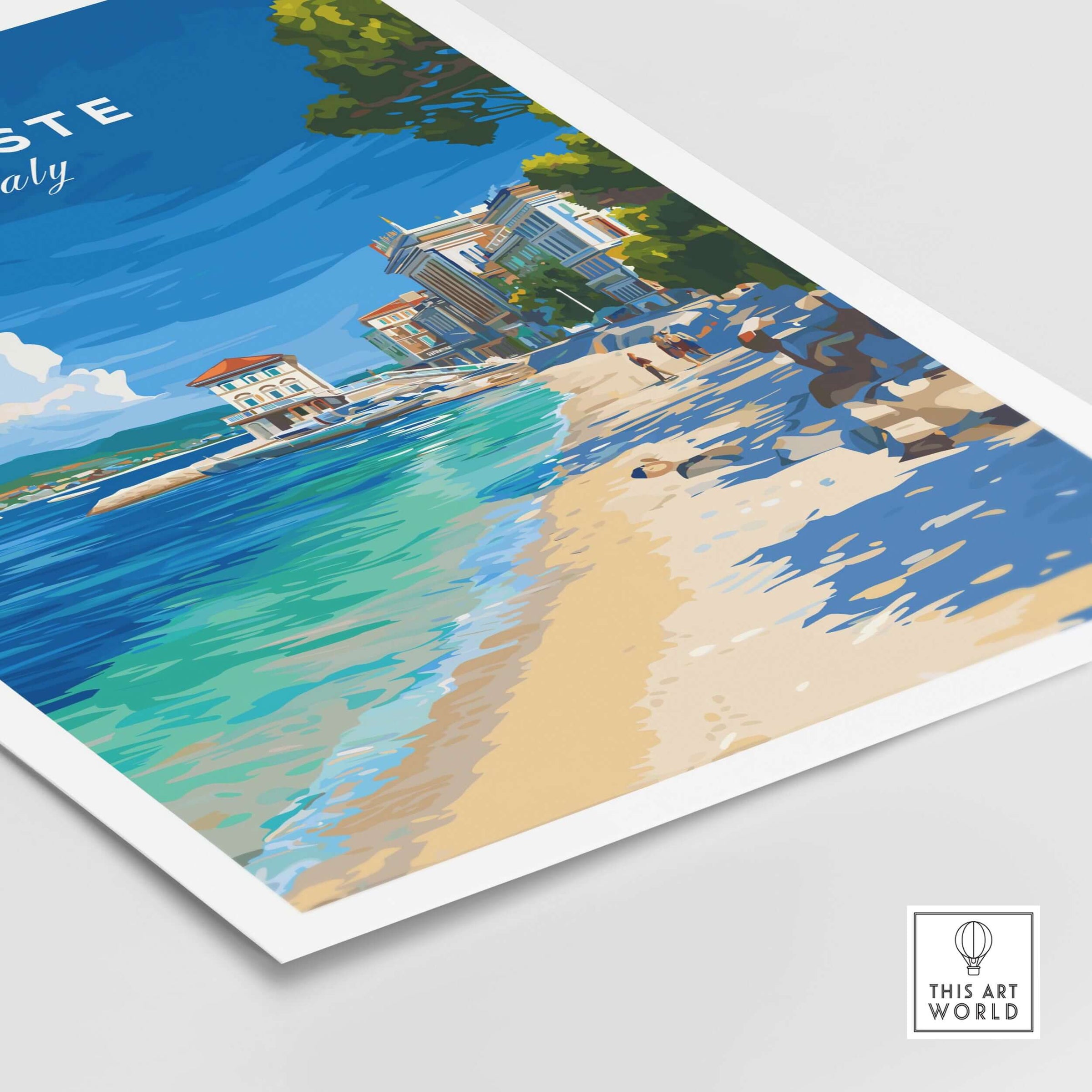 Trieste Italy Beach Print - Italian Riviera Wall Art featuring a vibrant coastal scene with blue waters and sandy beach.