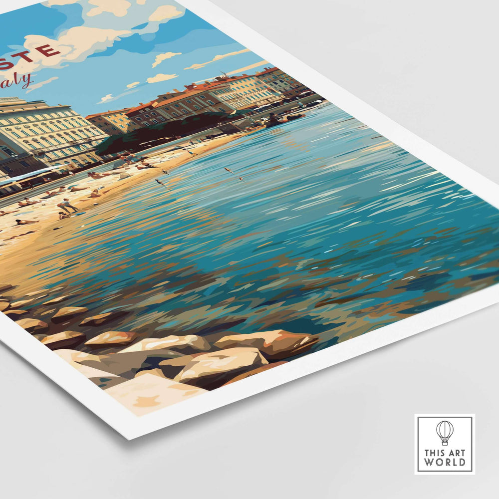 Trieste Italy travel poster featuring scenic beach views and coastal architecture.