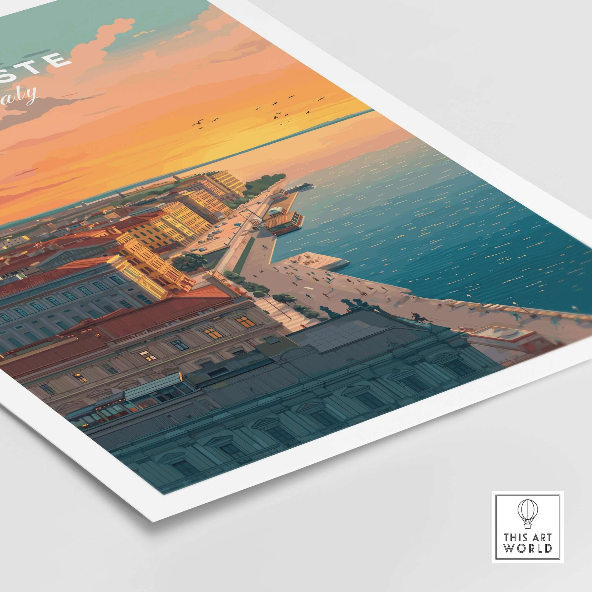 Trieste Italy Coastal Sunset Skyline Poster - Adriatic Seascape Print featuring a vibrant sunset over the Adriatic coastline.