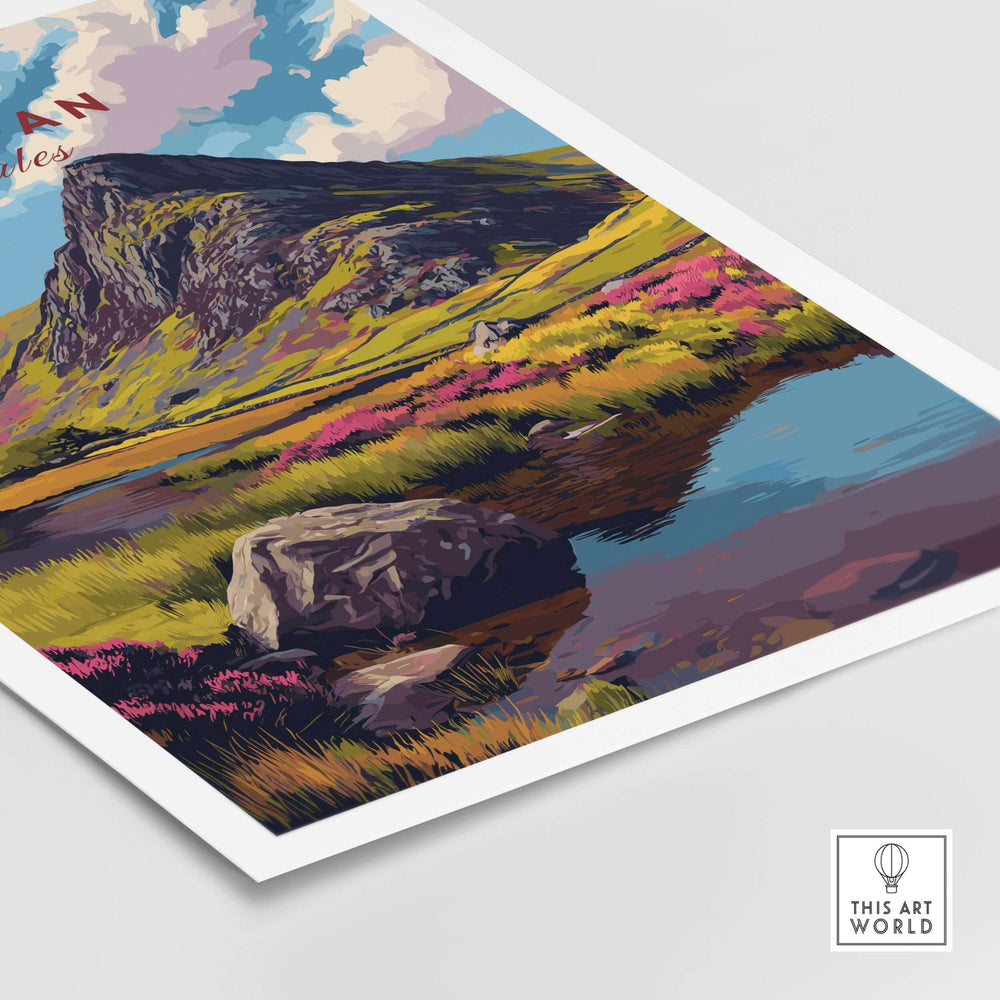 Tryfan mountain landscape print showcasing vibrant hills and serene water in Snowdonia Valley, perfect for wall art.