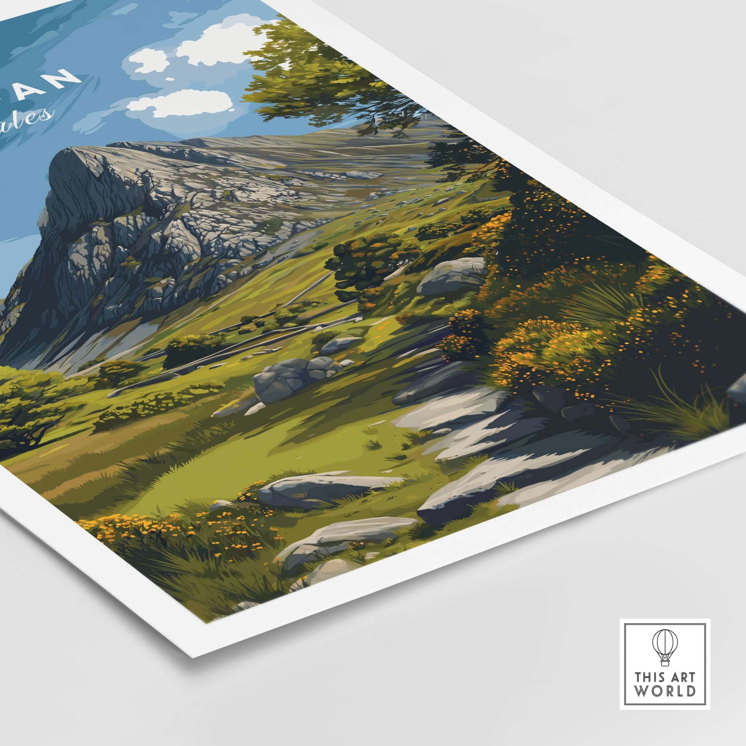 Tryfan Poster Wales Rocky Mountain Art - Scenic Welsh Highlands Print featuring rugged mountains and lush landscapes.