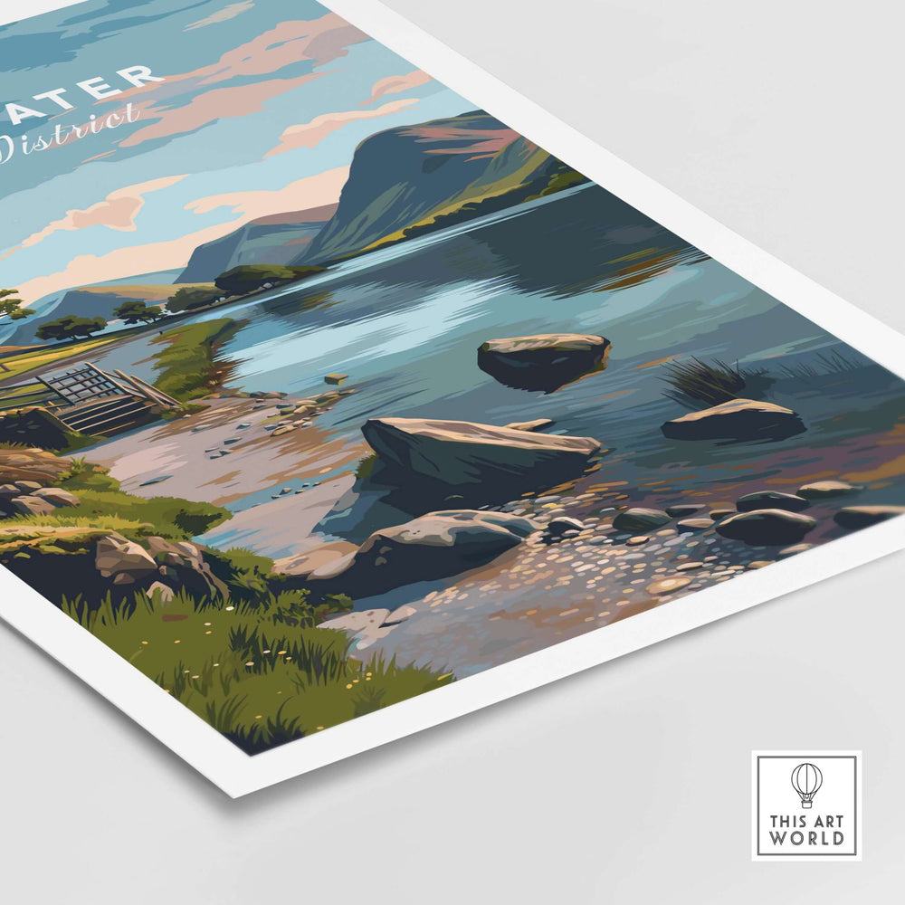 Ullswater Lake District lakeside path print showcasing serene water and stone wall scenery