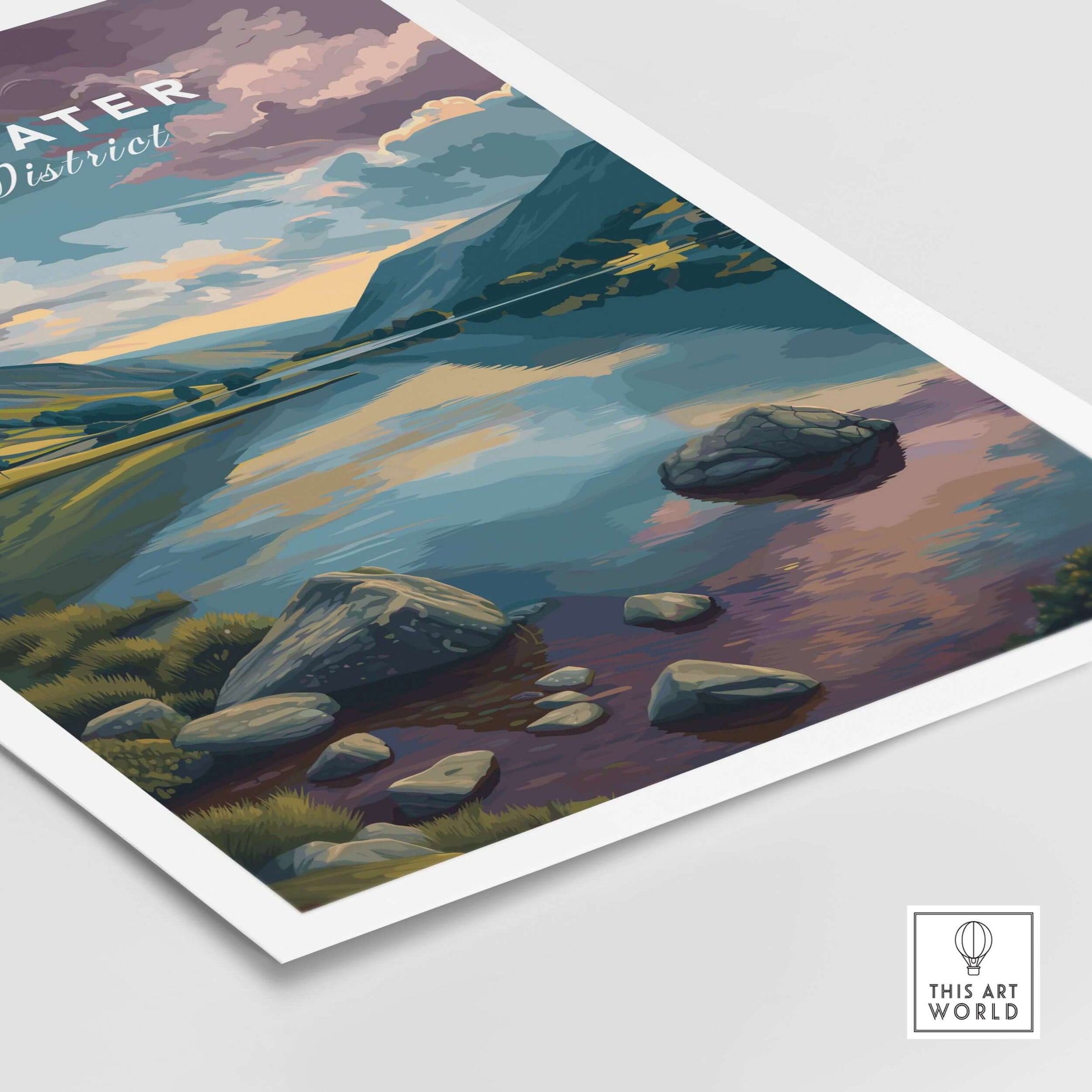 Ullswater Lake District Sunset Reflection Print - Cumbria Lakeside Wall Art featuring serene lake and dramatic clouds.