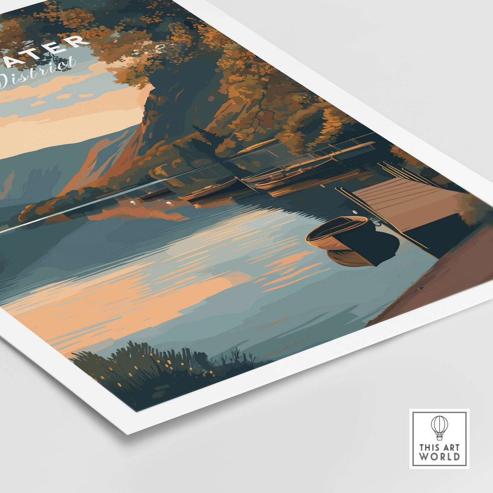 Ullswater Lake District boats poster featuring a tranquil dock scene at sunset with reflection on water.