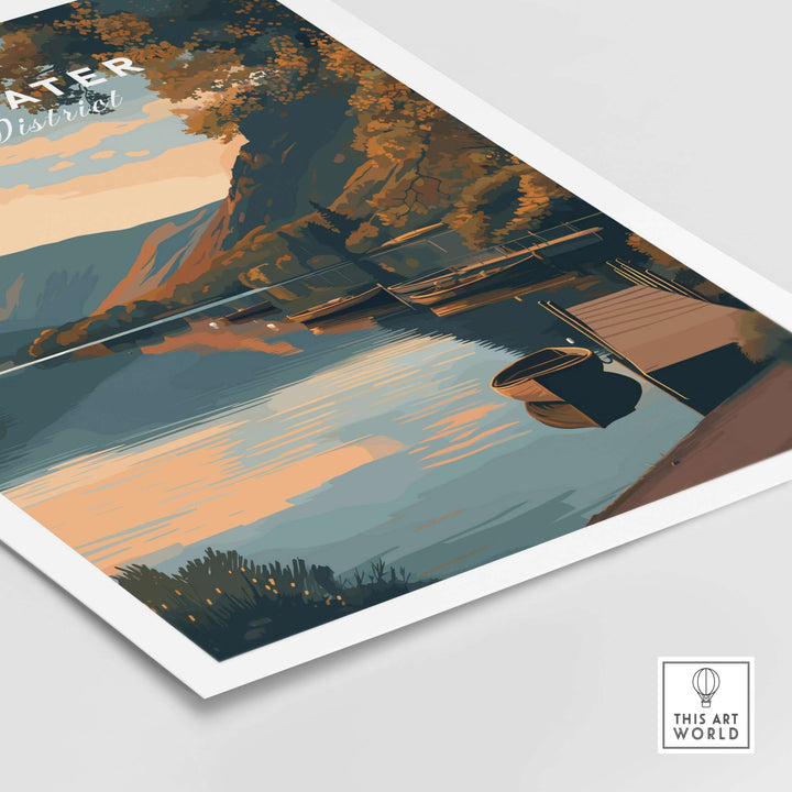 Ullswater Lake District boats poster featuring a tranquil dock scene at sunset with reflection on water.