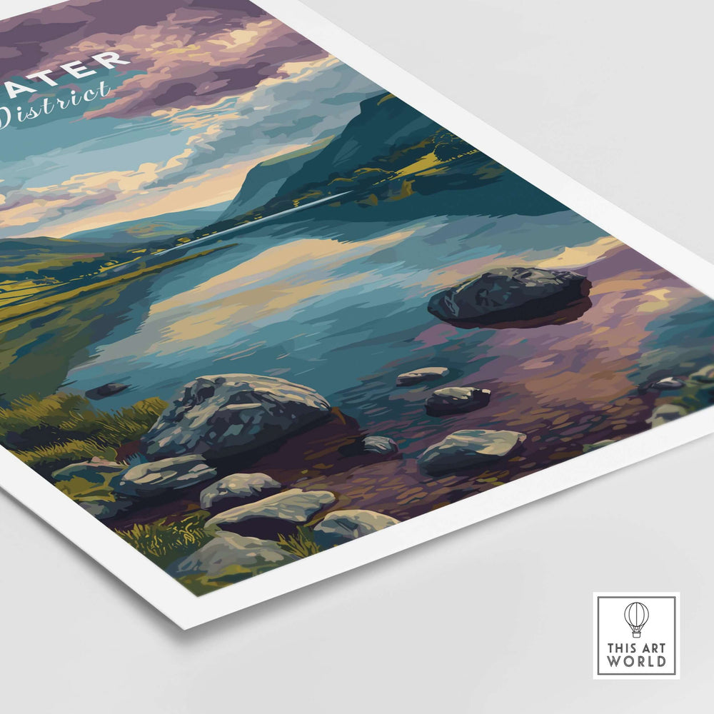 Ullswater Lake District mountain view reflection print, serene lake wall art showcasing tranquil waters and majestic landscapes.