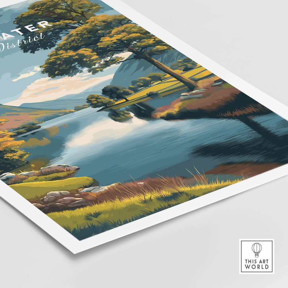 Ullswater Lake District poster featuring green trees and tranquil lakeside scenery in the English countryside.