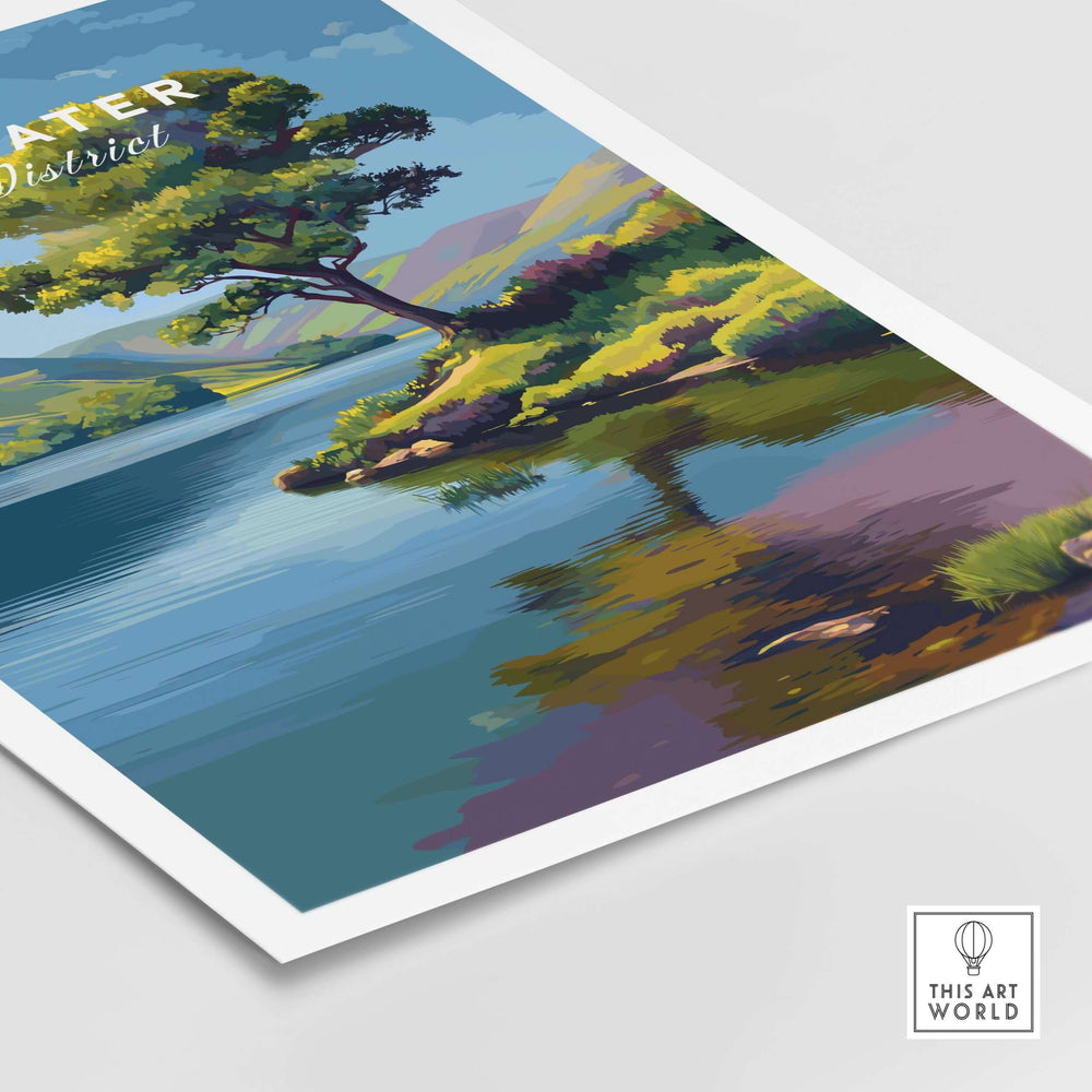 Ullswater Lake District print featuring a solitary tree reflecting on calm waters, evoking tranquility and natural beauty.