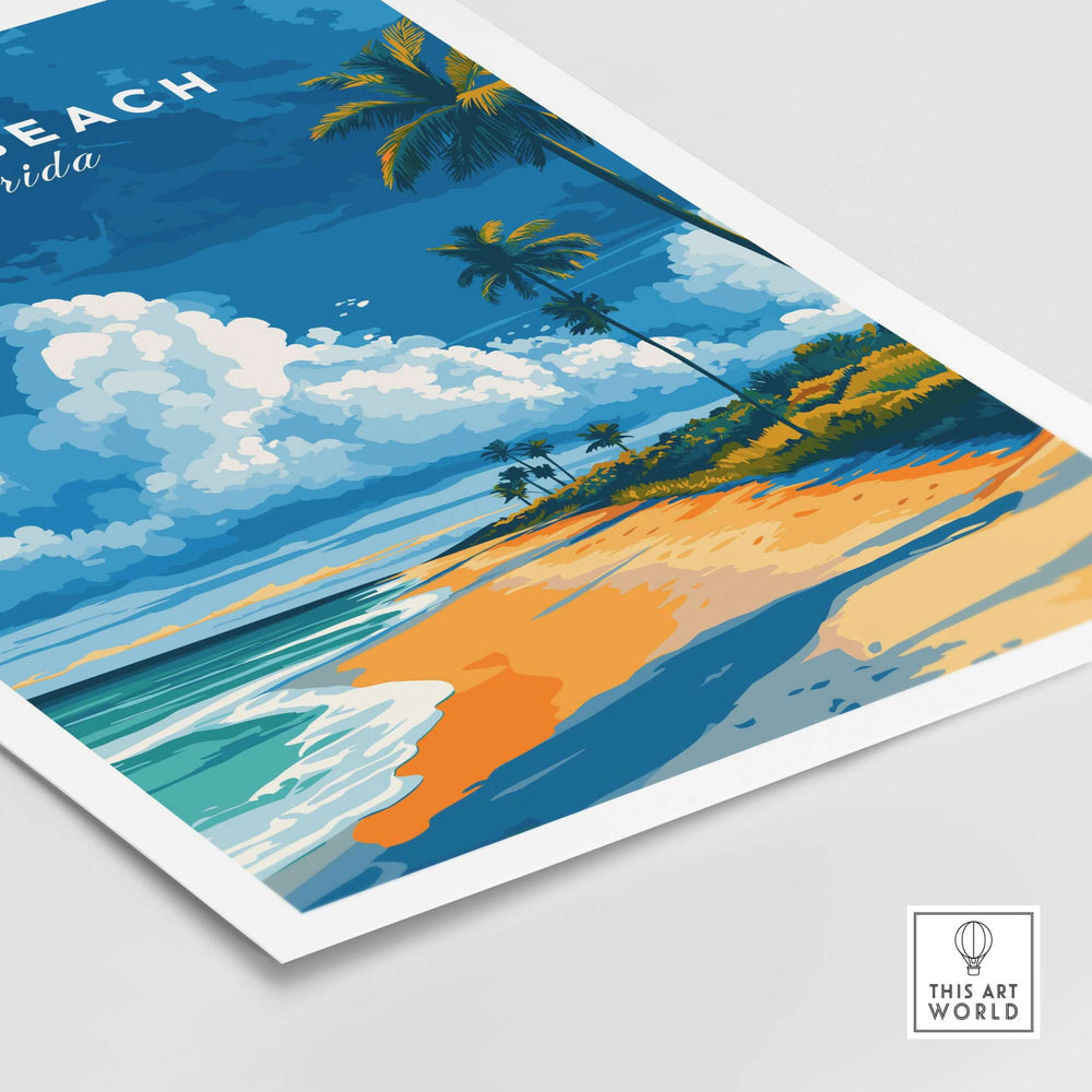Vero Beach Florida palm tree beach poster showcasing a vibrant seascape with colorful sand and sky.