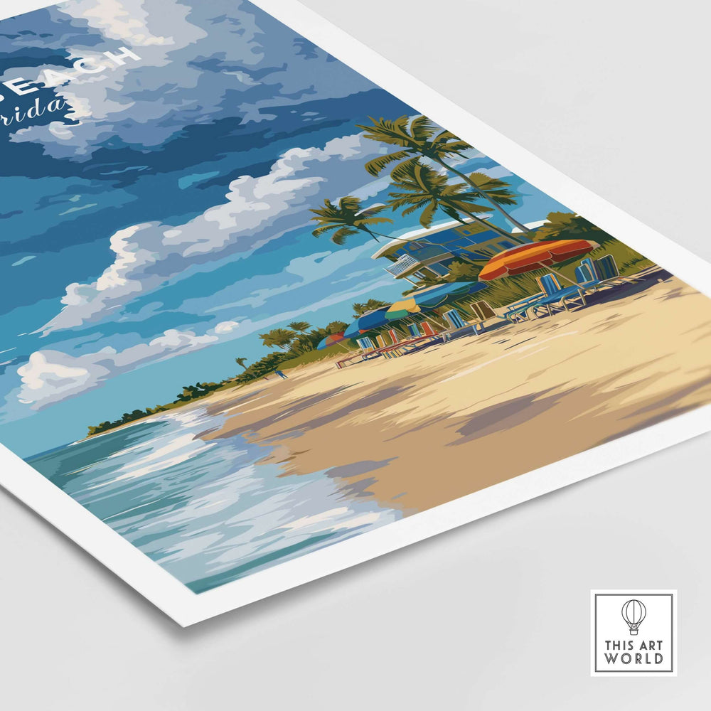 Vero Beach Florida beachfront resort print featuring a lifeguard station and tropical scenery.