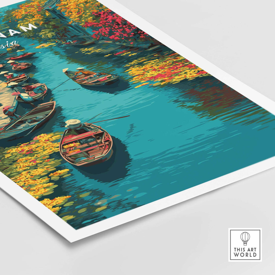 Vibrant Vietnam Hoi An Canal Boats print showcasing traditional river market life with colorful boats and water.