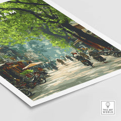 Vietnam Wall Art Poster showcasing a vibrant street scene in Vietnam with trees and bicycles.