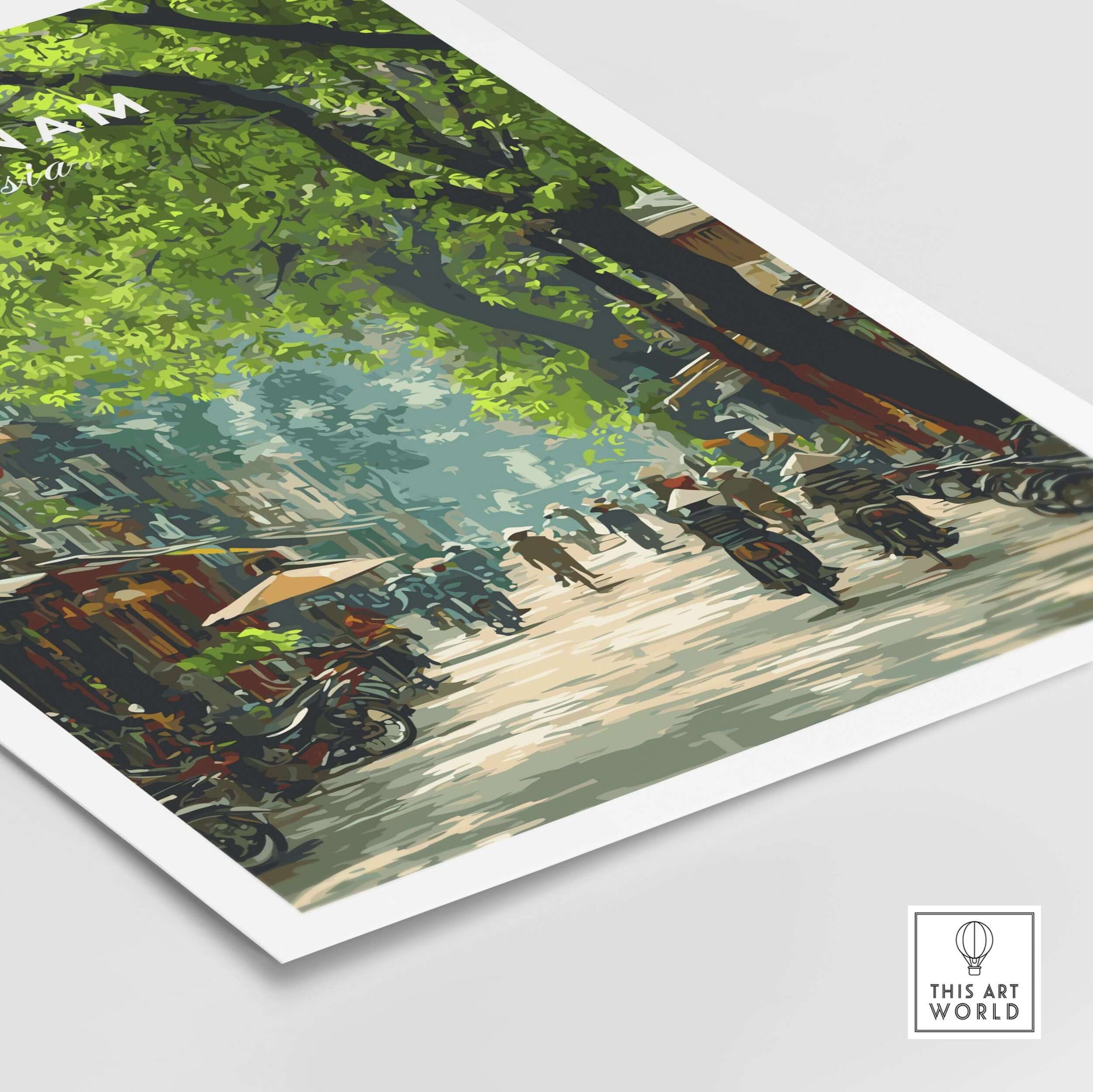 Vietnam Wall Art Poster showcasing a vibrant street scene in Vietnam with trees and bicycles.